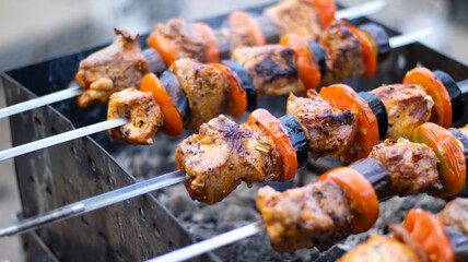 Juicy shish kebab in the grill outdoors, pieces of meat on coals, close-up. Smoke, blurred bokeh background. Cape, tomato, eggplant, onion.