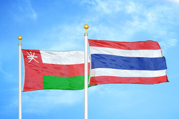 Fototapeta na wymiar Oman and Thailand two flags on flagpoles and blue sky
