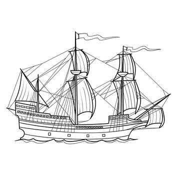sketch of an old sailing ship, coloring book, isolated object on white background, vector illustration,