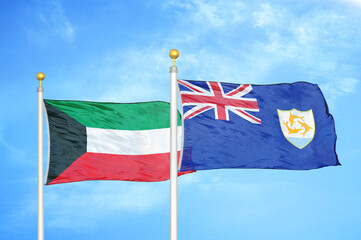 Fototapeta premium Kuwait and Anguilla two flags on flagpoles and blue sky