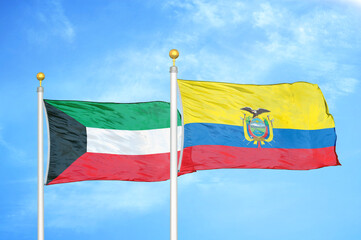 Kuwait and Ecuador two flags on flagpoles and blue sky