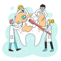 Happy dentists cleaning big tooth with toothbrush flat illustration. Doctors diagnosing caries and curing cavity. Stomatology and healthcare concept.