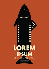 Movie and film poster design template background with filmstrip and fish