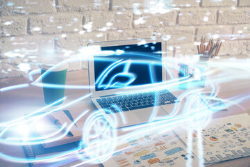 Desktop computer background in office with automobile hologram drawing. Multi exposure. Tech concept.