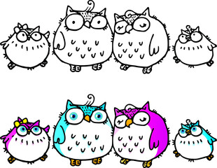vector cartoon four owls on the tree background border