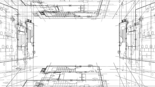 Blueprints: architectural drawings - architectural plan of a modern house / smoothly rotate / seamless looping