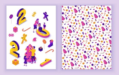 New year 2021 isometric greeting card, 3d illustration, print 2 side template, family celebrating winter holiday party, christmas event concept, parents, cartoon people together, purple color