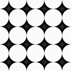 Seamless pattern with white circles and diamonds on black background.