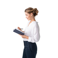 Businesswoman with notebook, side isolated