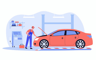 Mechanic repairing car in garage isolated flat vector illustration. Cartoon auto service man fixing damage in engine. Automobile, vehicle and maintenance concept