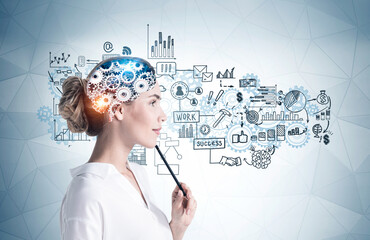 Pensive woman, brain sketch and business icons