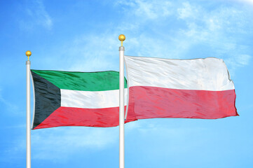 Fototapeta na wymiar Kuwait and Poland two flags on flagpoles and blue sky