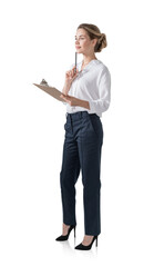 Smiling young businesswoman with clipboard