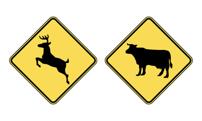 Animals crossing road sign set. Beware deer and cattle crossing road. Vector illustration of yellow diamond shaped warning traffic signs isolated on white background.
