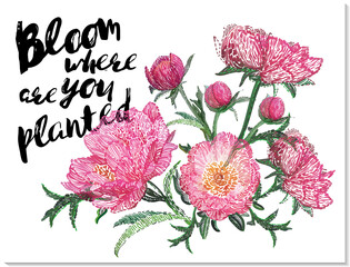 Beautiful flowers composition and Bloom where are you planted quote. Vector flower patch embroidery in watercolor style. Vintage beautiful floral card on white wallpaper background.