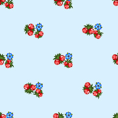 Seamless pattern of berries, flowers . Hand drawn floral ornament. Design for textile, paper, packaging, bedding from colorful doodle elements in folk style. Vector illustration