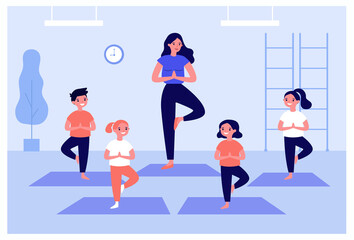 Plakat Smiling kids exercising in yoga class isolated flat vector illustration. Cartoon children doing exercises with instructor in gym. Healthy lifestyle and sport concept