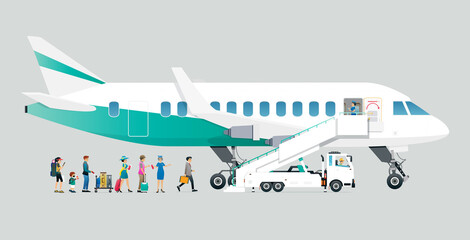 Air hostesses are allowing passengers to board the plane with a gray background.