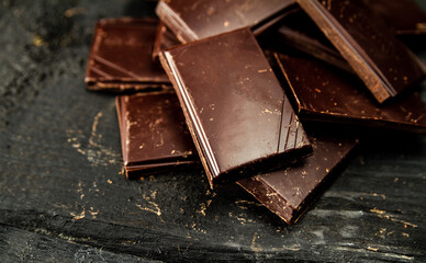 Broken chocolate pieces on wooden background.