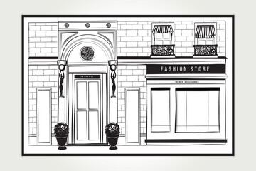 Vector shopfront detailed graphic illustration. Design vintage boutique facade. Modern fashion shop exterior with arch entrance, balcony, brick wall