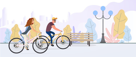 Naklejka premium Guy and the girl on a bicycle ride in the park. Concept of recreation and sports. Vector illustration.