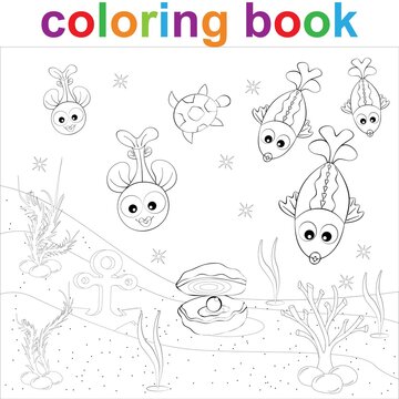 Coloring page template with cartoon turtle, fish and pearl. For children coloring sea life.
