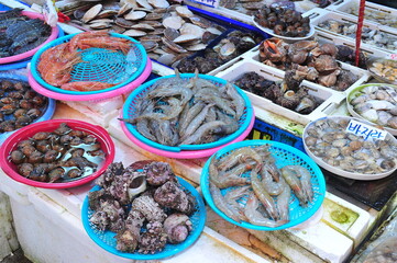 Various seafood dishesof the fish market.