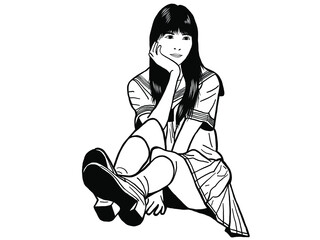 座っている女子学生のモノクロ線画イラスト / Seated female student line illustration