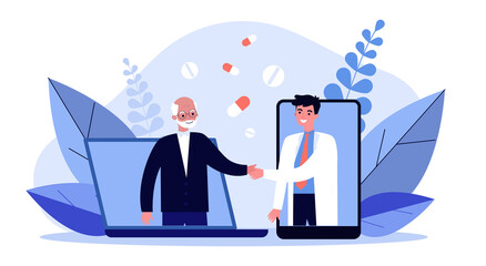 Online medical help. Doctor and senior patient appearing from gadgets and shaking hands flat vector illustration. Communication, healthcare concept for banner, website design or landing web page