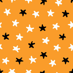 Seamless stars pattern. Vector illustration. Abstract decorative elements on orange background. Great for backdrops decoration, cards, wallpaper, textile, fabric, wrappers, additions to the design.