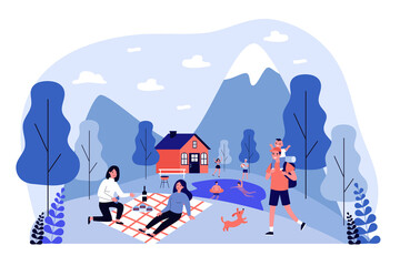 Fototapeta premium People spending vacation outdoors. Picnic, hiking in mountains, swimming in lake flat vector illustration. Leisure, outdoor activity, summer concept for banner, website design or landing web page
