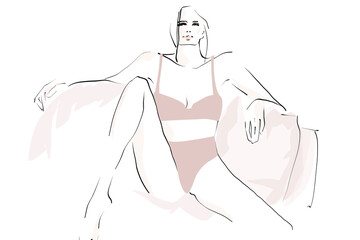 Young woman in underwear sitting relaxed. Hand-drawn fashion illustration. Sketch, vector