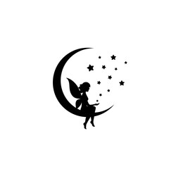 Black half moon and stars and fairy. Magic, fantasy. Isolated on white. Flat design. Vector illustration. Children reading. Fairytale logo.