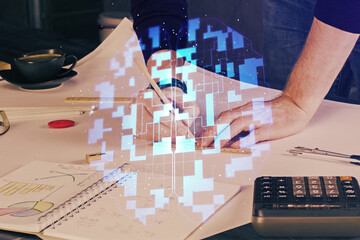 Writing Man hands with data theme multi exposure icons.