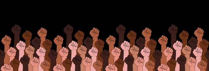 Black lives matter horizontal banner with protest fist in the air.  BIPOC. Stop racism.Black lives matter graphic poster design template against racial discrimination dark background