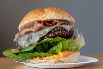 frischer Burger mit Bacon auf einem Pappteller