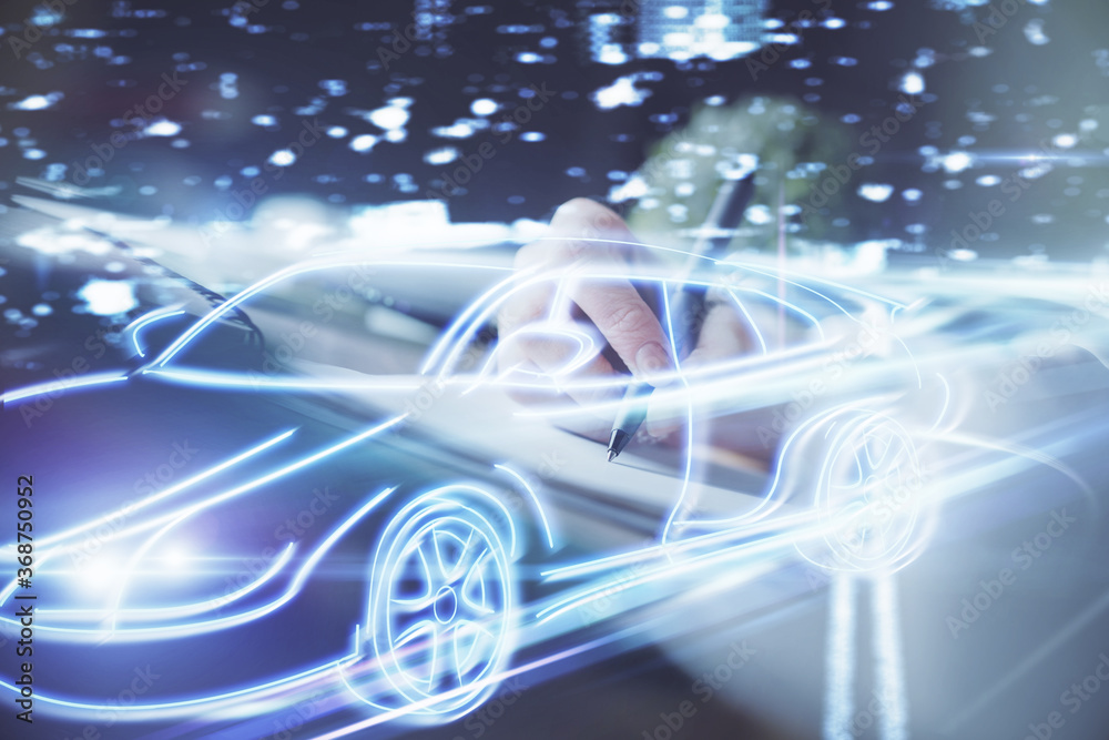 Poster tech autopilot theme hologram over woman's hands taking notes background. concept of hightech. doubl