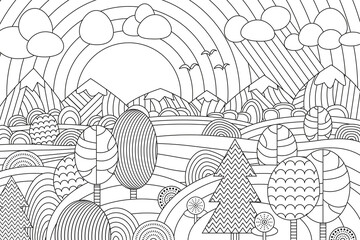 Landscape of geometric elements with lines. Anti stress coloring. Tribal retro doodle vector illustration. Sunset, clouds, mountains, hills, trees. © Алексей Шпадарук