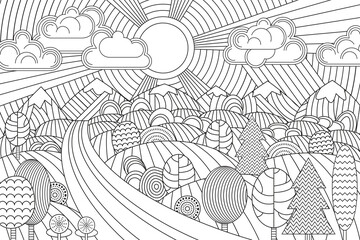 Landscape of geometric elements with lines. Anti stress coloring.
Tribal retro doodle vector illustration. Sunset, clouds, mountains, hills, trees. - 368751790