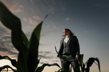 Obraz premium young stylish guy stands in a field in a gray suit at sunset. Blond with long hair in a cornfield. fashion concept