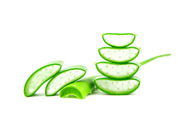 Slices of fresh aloe vera plant stacked and aloe vera stalk or leaves with water dropping isolate on white background.