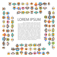 A large group of people crowds in the form of a square frame on a white background. Top view. Space for text.