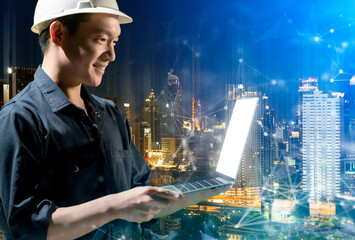 Asian engineer smart city IOT internet of thing digital technology futuristic, online process industry automation management smart digital technology