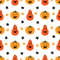 Happy Halloween. Seamless pattern with colorful pumpkins and cartoon stars on a white background. Vector illustration for festive background design, flyers, banners, prints, textiles, fabrics, etc.