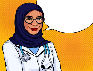 Vector color illustration in pop art style. Muslim woman doctor in traditional scarf and glasses. Arab woman nurse in uniform is standing and smiling.