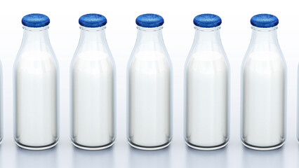 Milk bottles in a row isolated on white background. 3D illustration