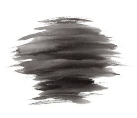 Abstract vector expressive striped black ink or watercolor stain. Mysterious textured inky blob isolated on white background, dark thunderous cloud concept