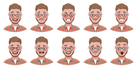 Flat Vector Illustration of Handsome Bearded Man, Emoji Character with Set of Facial Expressions.