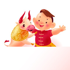 Chinese new year banner with happy boy character in oriental traditional hanfu suit, bull animal mascot, white paper sheet. Text place, sale placard template. Vector flat realistic illustration.