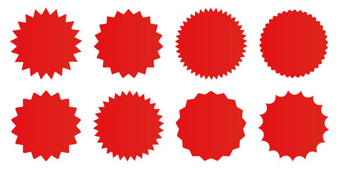 Set of vector starburst badges. Red blank icons on white background. Simple flat style vintage labels, stickers. Vector illustration.